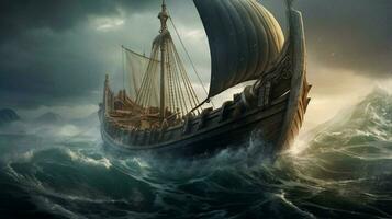 viking ship on stormy sea with waves crashing ove photo