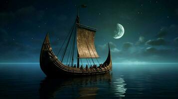 viking ship sailing in the calm waters with a cle photo