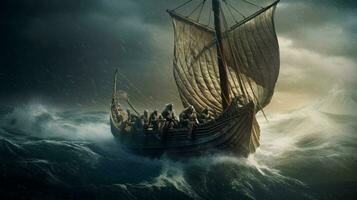 viking ship sailing on calm sea with waves lappin photo