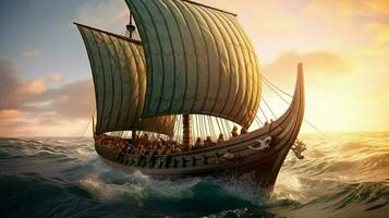 viking ship sailing on calm sea with waves lappin photo