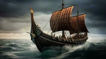 viking ship sailing on calm sea with waves lappin photo