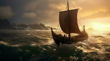 viking ship sailing on calm sea with waves lappin photo