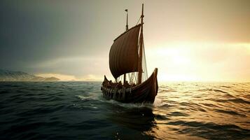 viking ship sailing on calm sea with waves lappin photo