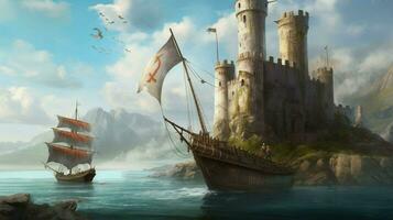 viking ship sailing past ancient castle with drag photo