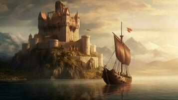 viking ship sailing past ancient castle with drag photo