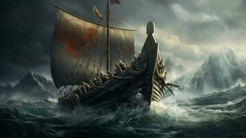viking ship sailing through stormy waters with wa photo