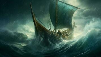 viking ship sailing through stormy waters with wa photo