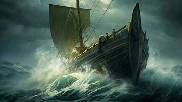 viking ship sailing through stormy waters with wa photo
