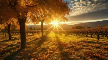 vineyard in autumn with sun shining through the c photo