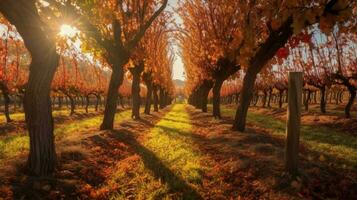 vineyard in autumn with sun shining through the c photo