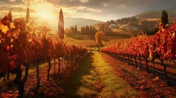 vineyard surrounded by autumn colors with warm su photo