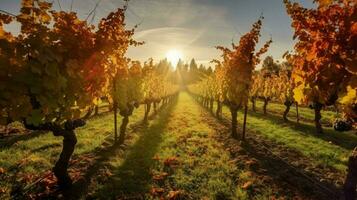 vineyard in autumn with sun shining through the c photo