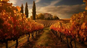 vineyard surrounded by autumn colors with warm su photo