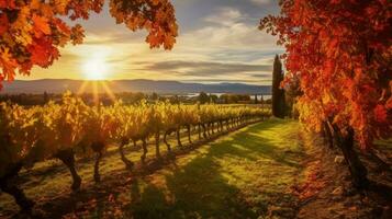 vineyard surrounded by autumn colors with warm su photo