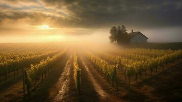 vineyard surrounded by misty sunrise sunbeams slo photo