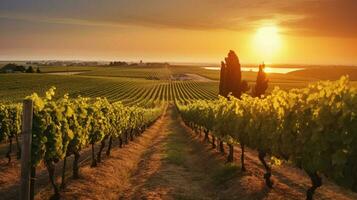 vineyard with rows of grapevines and setting sun photo