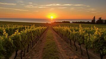 vineyard with rows of grapevines and setting sun photo