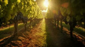 vineyard with rows of vines and sun shining through photo