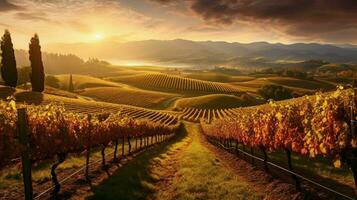 vineyard with rows of vines and autumn sun on rol photo