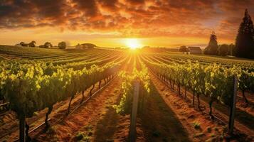 viñedo con filas de vides a puesta de sol rodeado foto