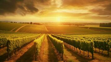 vineyard with rows of vines at sunset surrounded photo