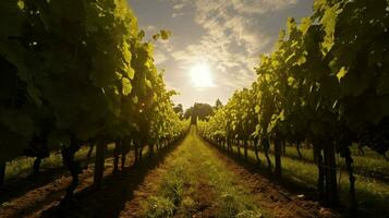 vineyard with rows of vines and sun shining through photo