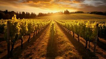 vineyard with rows of vines at sunset surrounded photo