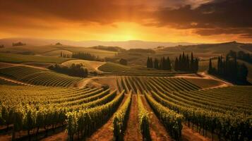 vineyard with rows of vines at sunset surrounded photo