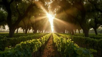 vineyard with sunbeams shining through the trees photo