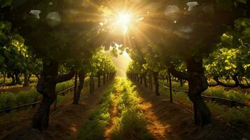 vineyard with sunbeams shining through the trees photo