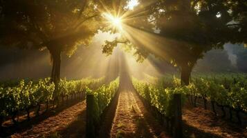 vineyard with sunbeams shining through the trees photo