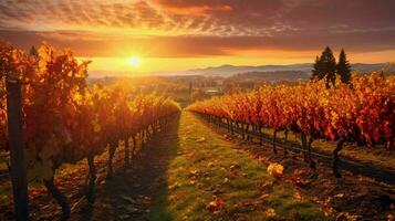 vineyard with view of colorful autumn sunrise and photo