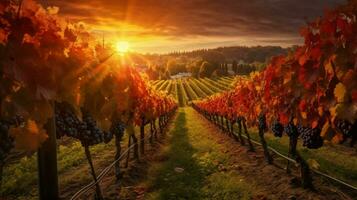 vineyard with view of colorful autumn sunrise and photo