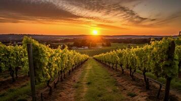 vineyard with view of the sun setting behind a vi photo