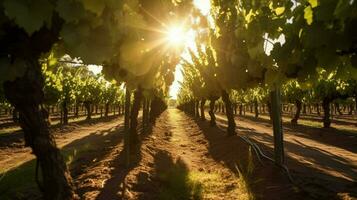 vineyard with wide rows of vines and sun shining photo