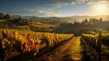 vineyards with autumn sun shining through the gra photo