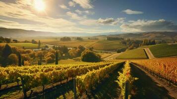 vineyards with autumn sun shining through the gra photo