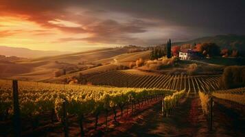 vineyards at sundown with warm and cozy atmospher photo