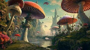 visionary scene with giant mushroom forest with t photo