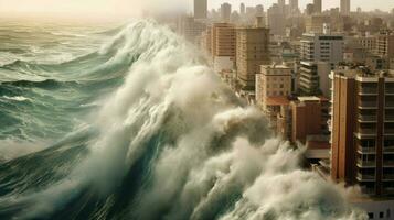 walls of water rising from the ocean to devastate photo