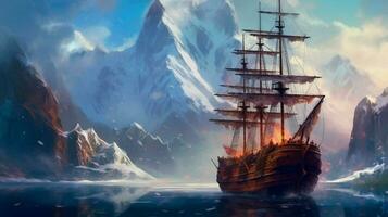 vking ship sails past mountain range with snowy p photo