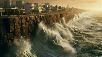 walls of water rising from the ocean to devastate photo