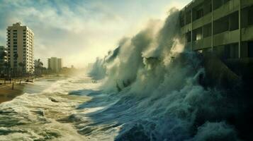 walls of water rising from the ocean to devastate photo