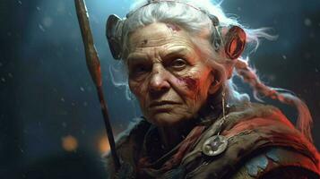 warrior old woman gaming fictional world photo