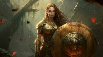 warrior woman with shield gaming fictional world photo
