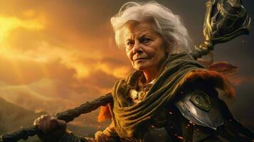 warrior senior woman gaming fictional world photo