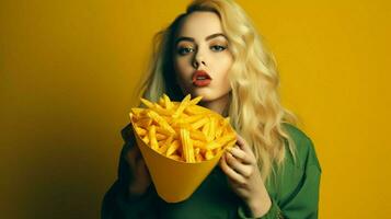 woman eating chips food photo