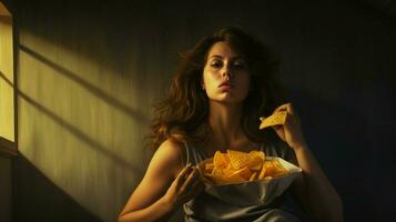 mujer comiendo papas fritas persona foto