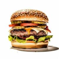 A closeup magazine quality shot of a luscious hamburger photo