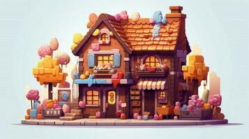 A fancy candy house with sweets and chocolate dessert photo